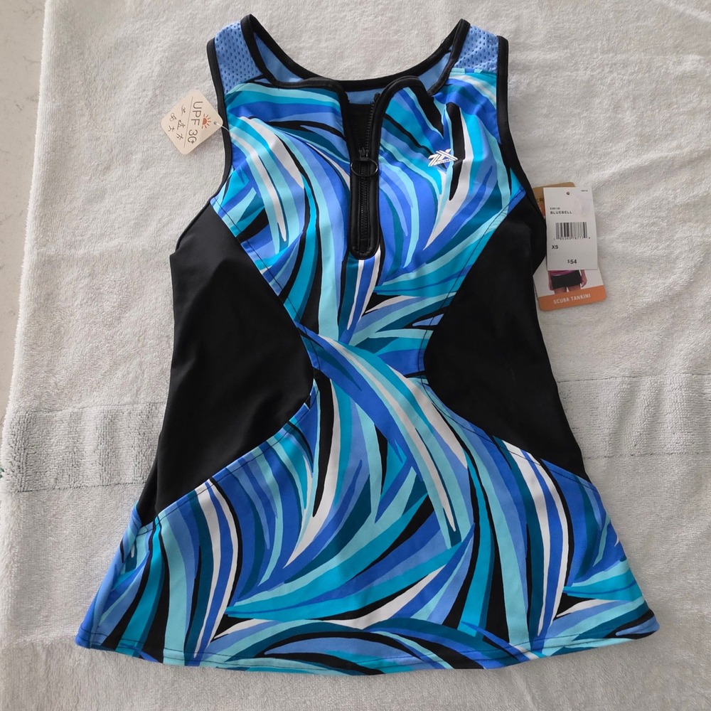 ZeroXposur Womens Scuba Tankini Bluebell Geometric Zip Front Swim Top XS
